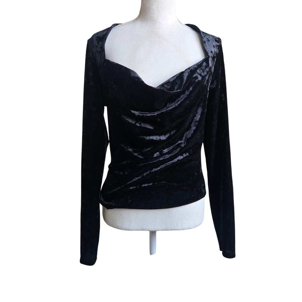 Free People‎ S Black Crushed Velvet Cowl Neck Perfect Date Top Long Sleeve Glam